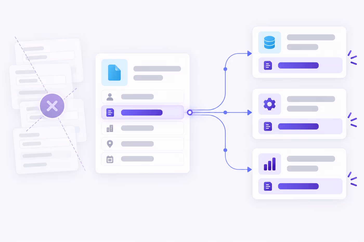 Illustration of scattered documents being sorted into connected, organised records